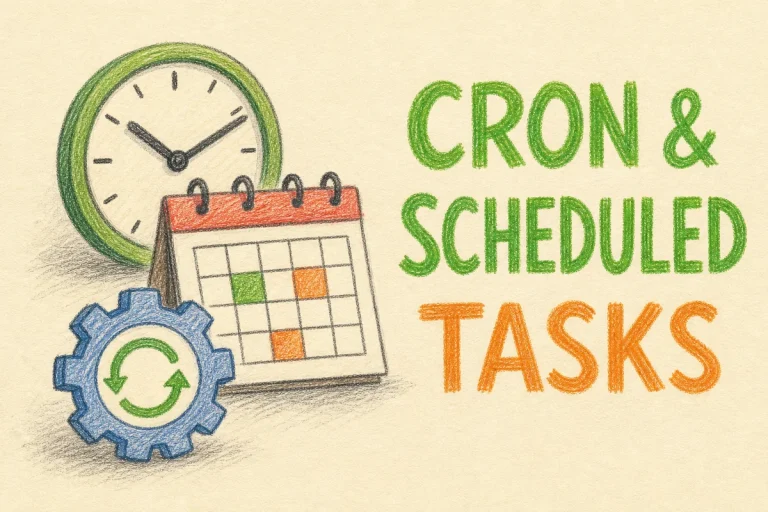 Hand-drawn Setting Up Cron and Windows Scheduled Tasks tutorial illustration with clock, calendar, gear with repeat loop arrow icons
