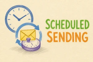 Hand-drawn Setting Up Scheduled Sending Using Cron tutorial illustration with clock, envelope on timer, cron loop arrow icons