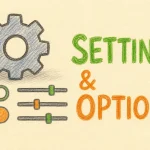 Hand-drawn Settings tutorial illustration with gear cluster, toggle switches, slider controls icons