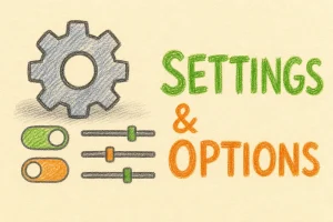 Hand-drawn Settings tutorial illustration with gear cluster, toggle switches, slider controls icons