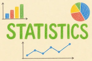 Hand-drawn Statistics tutorial illustration with bar chart, pie chart, trend line icons