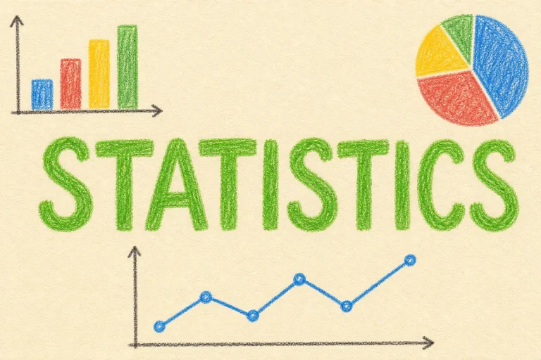 Hand-drawn Statistics tutorial illustration with bar chart, pie chart, trend line icons