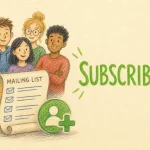 Hand-drawn Subscribers tutorial illustration with group of people, mailing list scroll, plus/add subscriber icons