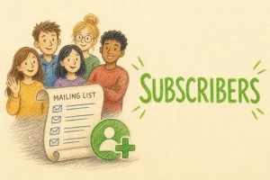 Hand-drawn Subscribers tutorial illustration with group of people, mailing list scroll, plus/add subscriber icons