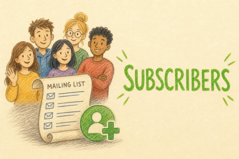 Hand-drawn Subscribers tutorial illustration with group of people, mailing list scroll, plus/add subscriber icons