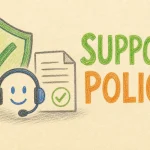 Hand-drawn Support Policy tutorial illustration with shield, headset/help icon, document with checkmark icons
