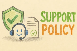 Hand-drawn Support Policy tutorial illustration with shield, headset/help icon, document with checkmark icons