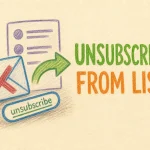 Hand-drawn Unsubscribing from contact lists tutorial illustration with envelope with X, exit arrow from list, unsubscribe link icon icons