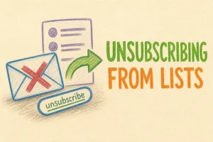 Hand-drawn Unsubscribing from contact lists tutorial illustration with envelope with X, exit arrow from list, unsubscribe link icon icons