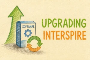 Hand-drawn Upgrading Interspire Email Marketer tutorial illustration with upward arrow, software box, refresh/circular upgrade arrow icons