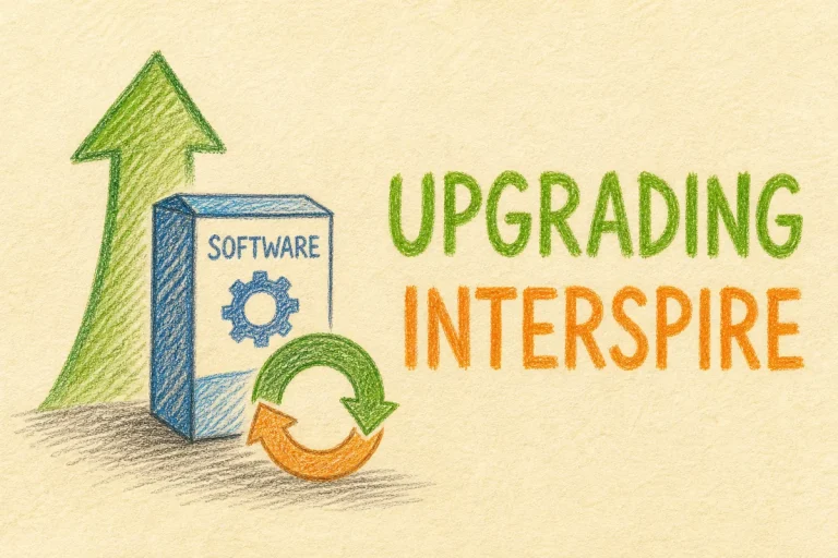 Hand-drawn Upgrading Interspire Email Marketer tutorial illustration with upward arrow, software box, refresh/circular upgrade arrow icons