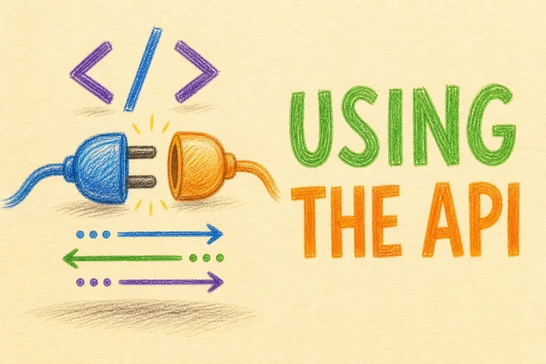 Hand-drawn Using the API tutorial illustration with code brackets, plug/connection node, data arrows icons
