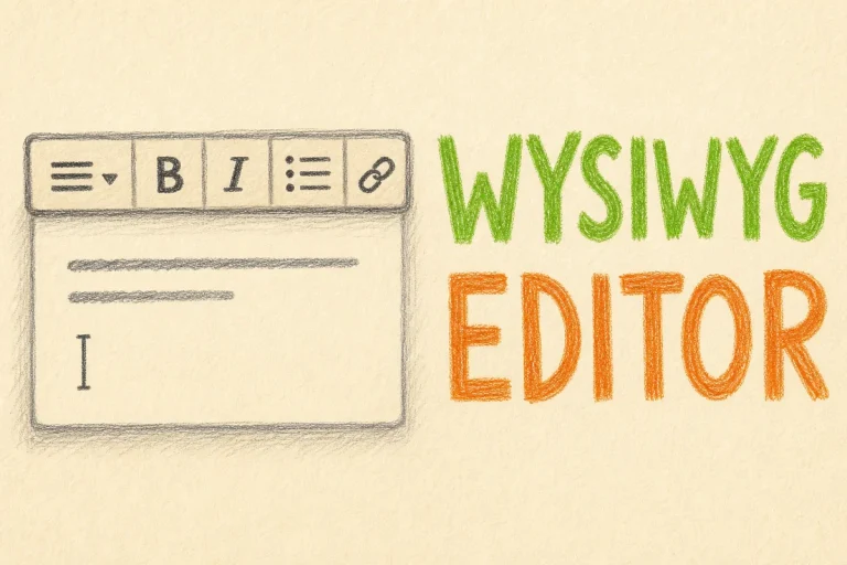 Hand-drawn Using the WYSIWYG Editor tutorial illustration with simple formatting toolbar, bold/italic icons, text cursor on page icons