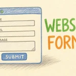 Hand-drawn Website Forms tutorial illustration with browser window, form fields, submit button icons