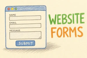 Hand-drawn Website Forms tutorial illustration with browser window, form fields, submit button icons