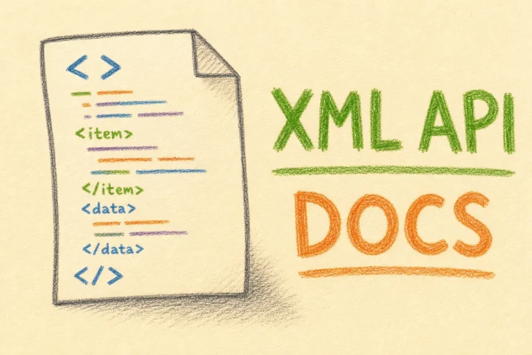 Hand-drawn XML API Documentation tutorial illustration with angle brackets, document pages, API endpoint nodes icons