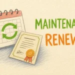 Hand-drawn Renewal tutorial illustration with circular refresh arrow, calendar renewal date, certificate stamp icons