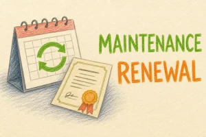Hand-drawn Renewal tutorial illustration with circular refresh arrow, calendar renewal date, certificate stamp icons