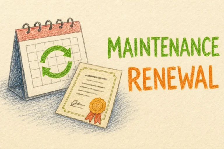 Hand-drawn Renewal tutorial illustration with circular refresh arrow, calendar renewal date, certificate stamp icons