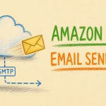 Hand-drawn Using Amazon SES to Send Emails tutorial illustration with cloud icon, envelope exiting cloud, simple SMTP path line icons
