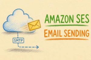 Hand-drawn Using Amazon SES to Send Emails tutorial illustration with cloud icon, envelope exiting cloud, simple SMTP path line icons