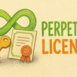 Hand-drawn What is a Perpetual License? tutorial illustration with infinity symbol, license certificate, key icon icons