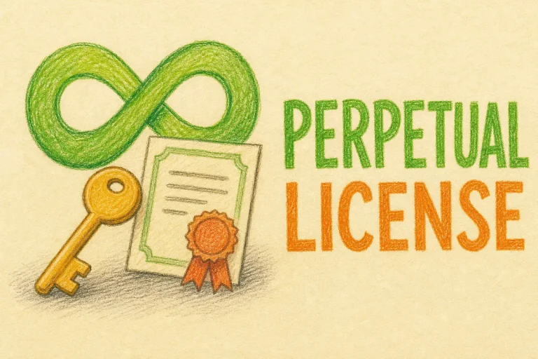 Hand-drawn What is a Perpetual License? tutorial illustration with infinity symbol, license certificate, key icon icons