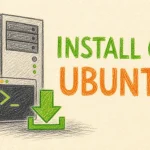 Hand-drawn How to Install Interspire on Ubuntu tutorial illustration with server tower, terminal prompt, download arrow icons