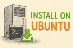 Hand-drawn How to Install Interspire on Ubuntu tutorial illustration with server tower, terminal prompt, download arrow icons