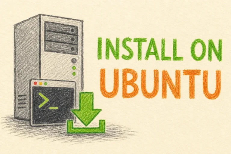 Hand-drawn How to Install Interspire on Ubuntu tutorial illustration with server tower, terminal prompt, download arrow icons