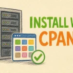 Hand-drawn How to Install Interspire with cPanel tutorial illustration with server rack, control panel grid icon, checkmark badge icons