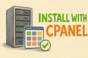 Hand-drawn How to Install Interspire with cPanel tutorial illustration with server rack, control panel grid icon, checkmark badge icons