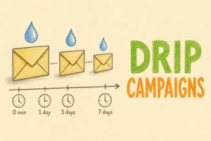 Hand-drawn What Are Drip Campaigns and How Do You Use Them? tutorial illustration with sequence of envelopes with drops, timeline arrow, small clock intervals icons