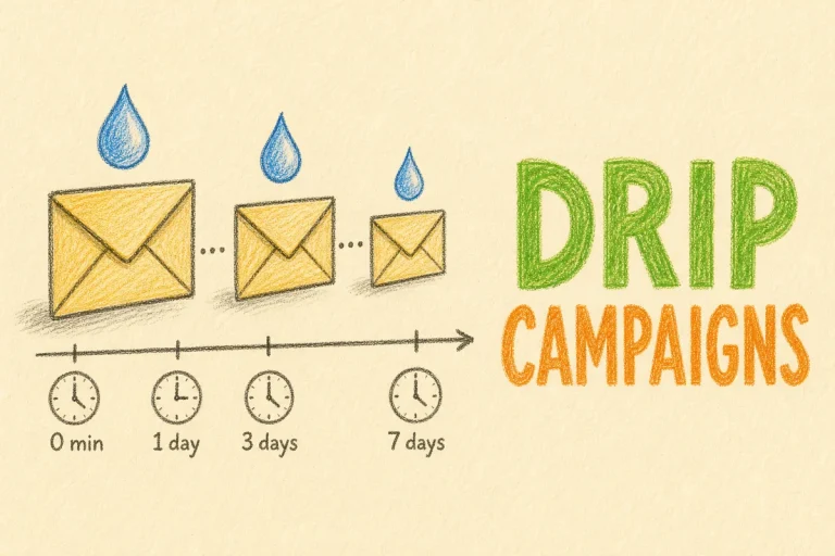 Hand-drawn What Are Drip Campaigns and How Do You Use Them? tutorial illustration with sequence of envelopes with drops, timeline arrow, small clock intervals icons
