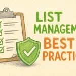 Hand-drawn Email List Management Best Practices tutorial illustration with checklist, clean list icon, shield/check for hygiene icons