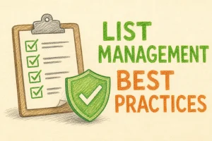 Hand-drawn Email List Management Best Practices tutorial illustration with checklist, clean list icon, shield/check for hygiene icons