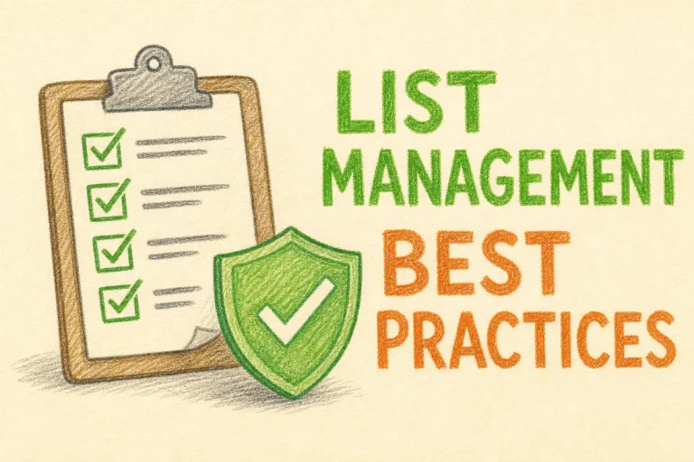 Hand-drawn Email List Management Best Practices tutorial illustration with checklist, clean list icon, shield/check for hygiene icons