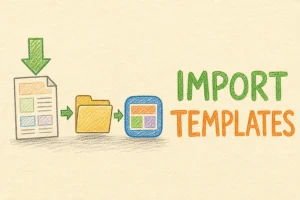 Hand-drawn How to Import Email Templates into Interspire tutorial illustration with download arrow, template page, folder into app icon icons