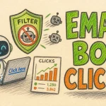Hand-drawn Managing the Rise of Email Bot Clicks: Updates in Interspire Email Marketer illustration with small robot clicking hyperlink, shield filter blocking bots, click stats chart icons