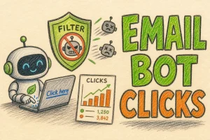 Hand-drawn Managing the Rise of Email Bot Clicks: Updates in Interspire Email Marketer illustration with small robot clicking hyperlink, shield filter blocking bots, click stats chart icons