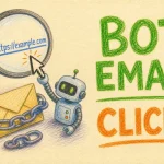 Hand-drawn Decoding Automated Email Clicks: Why Robots are Clicking on Your Email Links and How to Respond illustration with magnifying glass over link, robot cursor on hyperlink, envelope with chain links icons