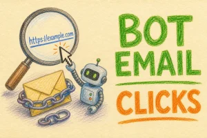 Hand-drawn Decoding Automated Email Clicks: Why Robots are Clicking on Your Email Links and How to Respond illustration with magnifying glass over link, robot cursor on hyperlink, envelope with chain links icons
