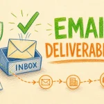 Hand-drawn Mastering Email Deliverability: A Comprehensive Guide – Updated for Yahoo and Google Requirements illustration with inbox with checkmark landing, authentication shield, mail path arrows icons