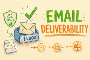 Hand-drawn Mastering Email Deliverability: A Comprehensive Guide – Updated for Yahoo and Google Requirements illustration with inbox with checkmark landing, authentication shield, mail path arrows icons