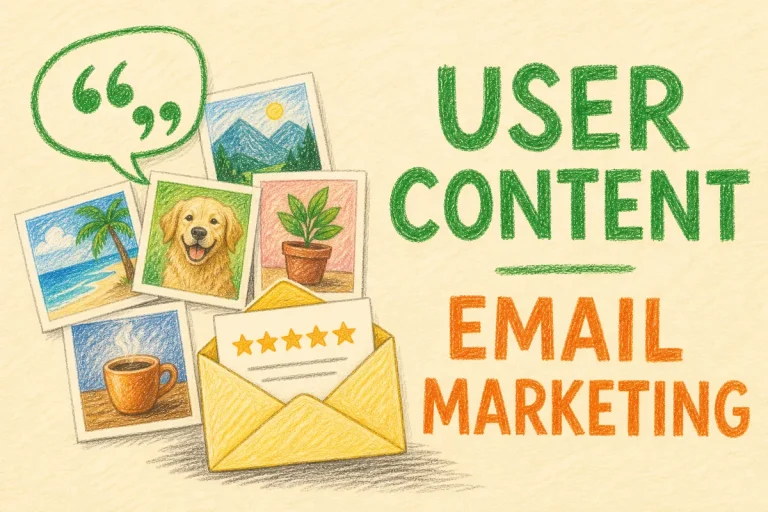 Hand-drawn How User-Generated Content Improves Your Email Marketing Campaigns illustration with speech bubble with quote, photo grid collage, envelope with star review icons