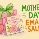 Hand-drawn Using Email Marketing to Boost Your Mother’s Day Sales illustration with gift box with bow, heart icon, promotional envelope with flowers icons