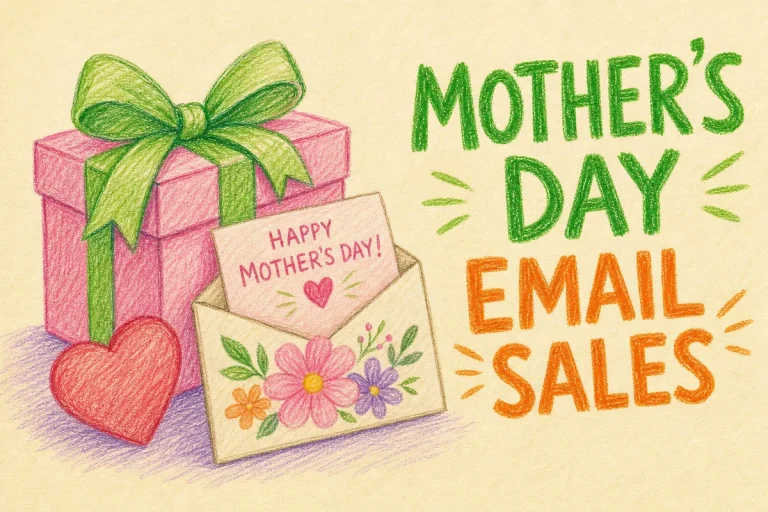 Hand-drawn Using Email Marketing to Boost Your Mother’s Day Sales illustration with gift box with bow, heart icon, promotional envelope with flowers icons