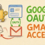 Hand-drawn Setting Up Google OAuth to Access Gmail for Email Bounce Processing: A Step-by-Step Guide illustration with lock and key, OAuth connection arrows, bounced envelope return arrow icons