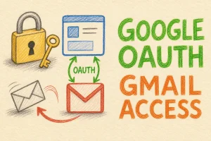 Hand-drawn Setting Up Google OAuth to Access Gmail for Email Bounce Processing: A Step-by-Step Guide illustration with lock and key, OAuth connection arrows, bounced envelope return arrow icons