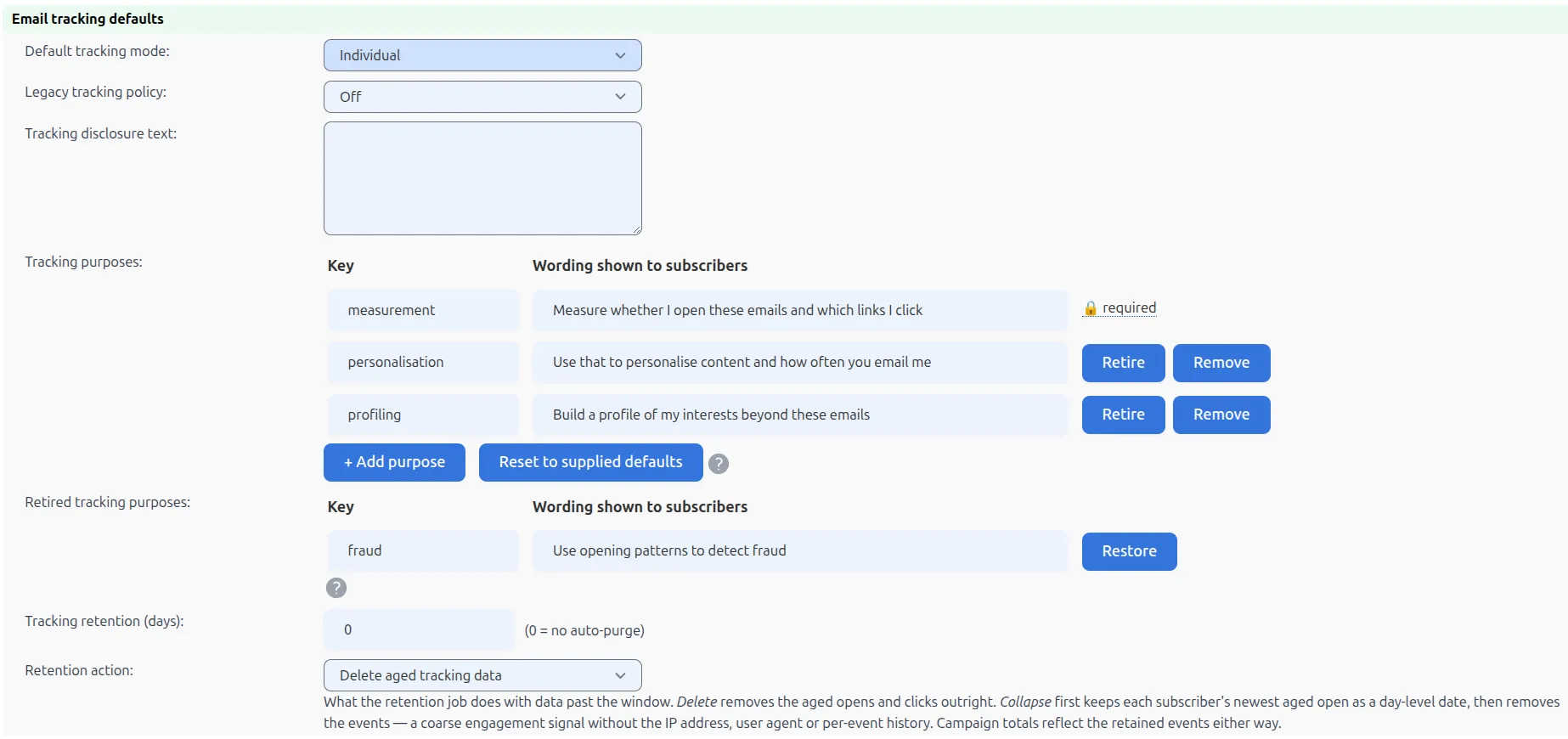 Email tracking defaults showing the mode selector in Settings